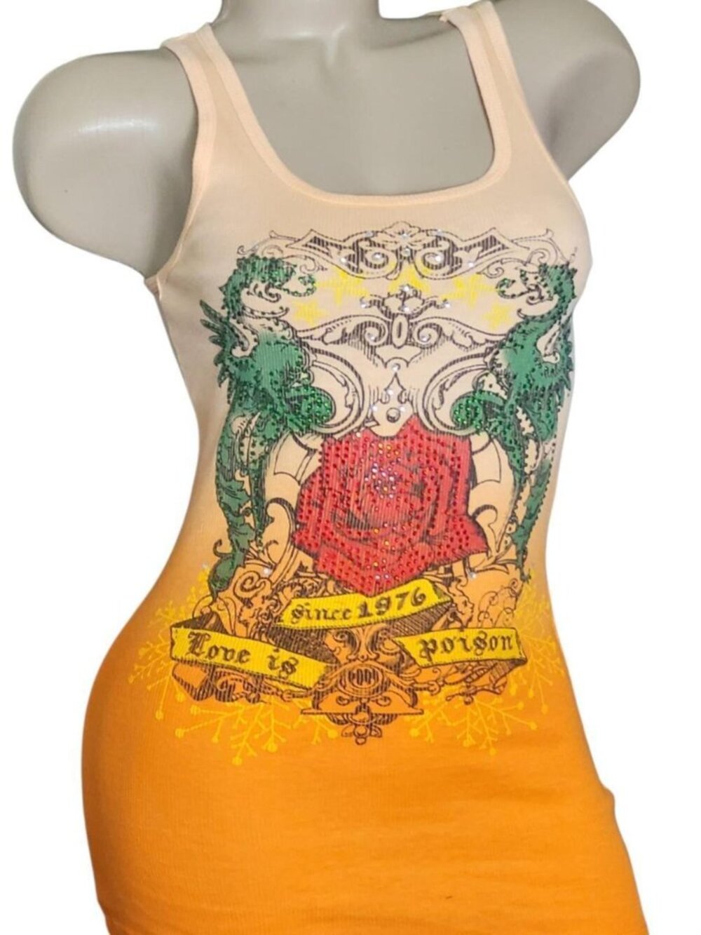 Y2K Vocal Apparel Ombre Peach Yellow Crystals Cotton Tank Top L